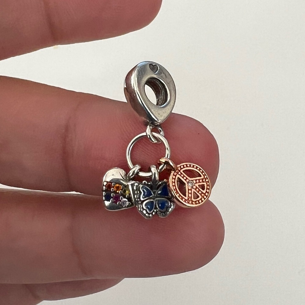 Pandora Sterling Silver Rainbow Heart, Butterfly, and Peace Triple Dangle Charm